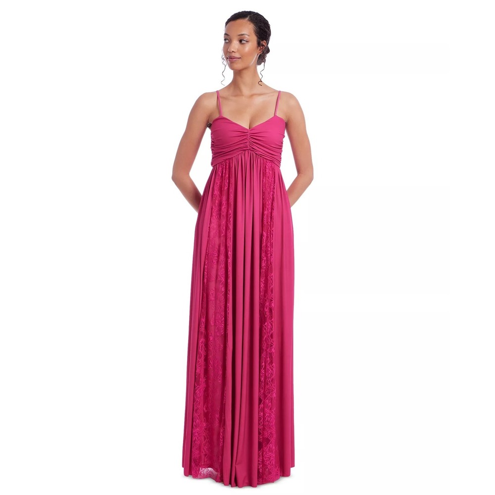Jewel Badgley Mischka L Fuchsia Pink Gown Spaghetti Straps Lace Trim Ruched NWT